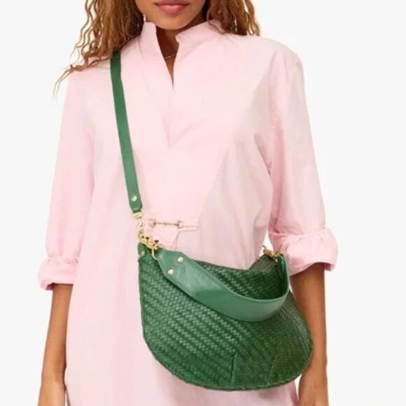 Clare V Moyen Leather Messenger Bag, Evergreen Woven Zig-Zag - Picture 1 of 5